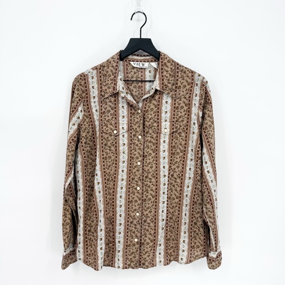Vintage Tops - Vintage VIEW Cottagecore Floral Grannycore Snap Button Down Top Brown XL